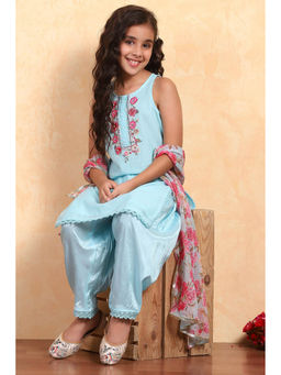 Biba - Girls Blue Polyester Round Neck Kurta and Salwar with Dupatta