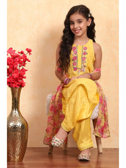 Biba - Girls Yellow Polyester Round Neck Kurta and Salwar with Dupatta