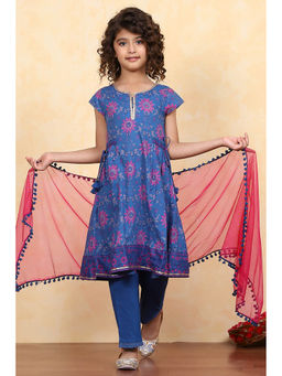 Biba - Girls Blue Cotton Round Neck Kurta and Pant with Dupatta