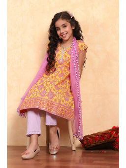 Biba - Girls Yellow Cotton Round Neck Kurta and Pant with Dupatta