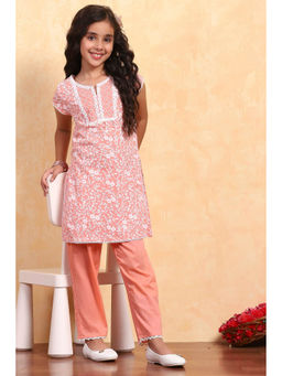 Biba - Girls Peach Cotton Round Neck Kurta with Pants