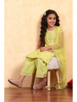 Biba - Girls Green Polyester Round Neck Kurta and Pant with Dupatta