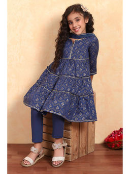 Biba - Girls Blue Cotton Round Neck Kurta with Churidar