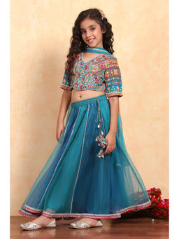 Biba - Girls Blue Cotton V-Neck Blouse and Lehenga with Dupatta