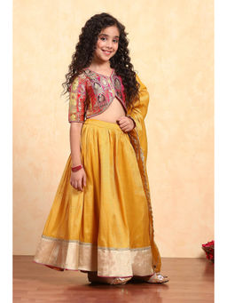 Biba - Girls Yellow Brocade V-Neck Blouse and Lehenga with Dupatta
