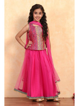 Biba - Girls Pink Polyester Square Neck Blouse and Lehenga with Dupatta
