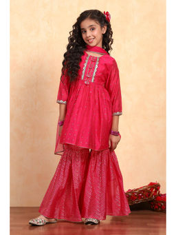 Biba - Girls Pink Polyester Blend Round Neck Kurta and Sharara with Dupatta