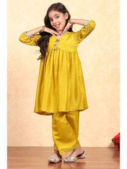 Biba - Girls Yellow Polyester V-Neck Kurta with Palazzo