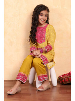 Biba - Girls Yellow Viscose Blend Round Neck Kurta with Palazzo