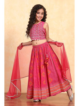 Biba - Girls Pink Cotton Round Neck Blouse and Lehenga with Dupatta
