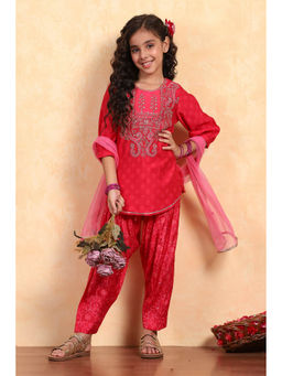 Biba - Girls Pink Cotton Blend Round Neck Kurta and Salwar with Dupatta
