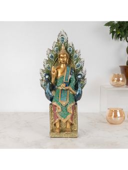 HomeTown - Zen Buddha on Peacock Throne, Polyresin Hand Finished Figurine Green & Gold