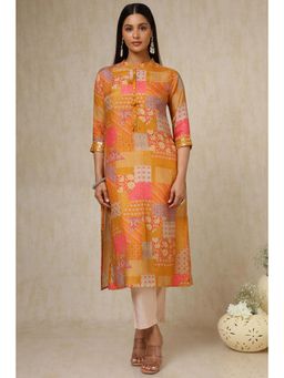 Soch - Women Mustard Muslin Print Kurta with Faux Mirror and Sequins