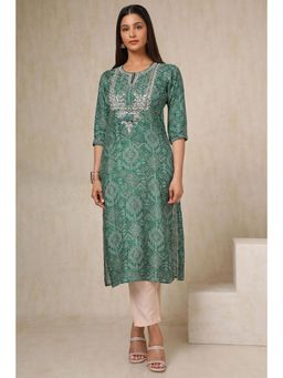 Soch - Women Green Muslin Bandhani Print Kurta with Beads