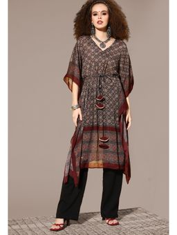 KVS FAB - Brown Chinon Printed Tasselled Kaftan