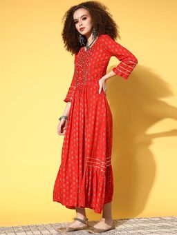 KVS FAB - Red Viscose Cotton Floral Foil Zari Embroidered A-Line Gown