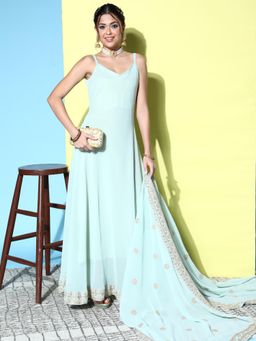 KVS FAB - Pista Green Embroidered Bordered Solid Gown With Dupatta (Set of 2)