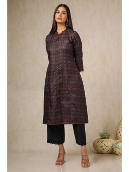 Soch - Women Navy Blue Linen Blend Ikat Print Kurta