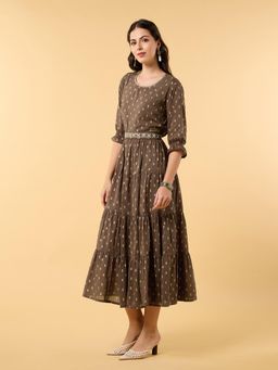 SAAKI - Blooming Elegance Brown Printed Dress with Belt (Set of 2)