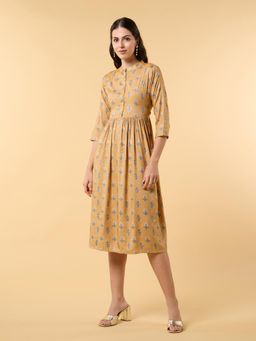 SAAKI - Blooming Elegance Mustard Tie Up Dress