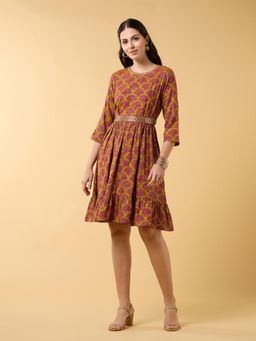 SAAKI - Blooming Elegance Belted Mustard Dress (Set of 2)