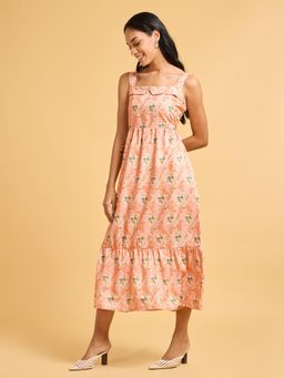 SAAKI - Painterly Peach Floral Tiered Midi Dress