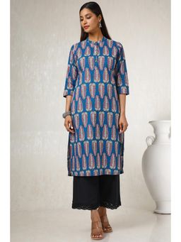 Soch - Women Blue Cotton Blend Botanical Print Kurta