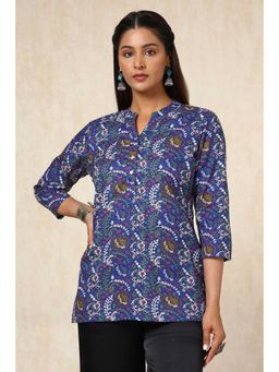 Soch - Women Blue Cotton Blend Straight Floral Tunic