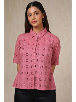 Soch - Women Onion Pink Schiffli Cotton Blend Shirt