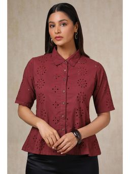 Soch - Women Maroon Cotton Blend Schiffli Shirt