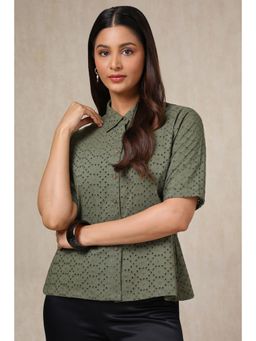 Soch - Women Olive Cotton Blend Schiffli Shirt with Spread Collar