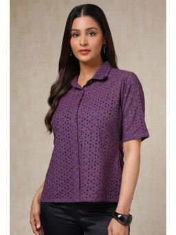 Soch - Women Purple Schiffli Cotton Blend Spread Collar Shirt