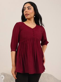 Libas - Maroon Solid Silk Blend Anarkali Short Kurtis for Women