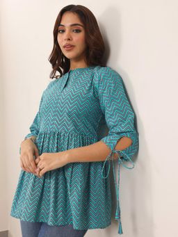 Libas - Blue Printed Cotton Anarkali Short Kurtis for Women