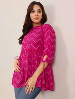 Libas - Pink Printed Cotton Anarkali Short Kurtis for Women