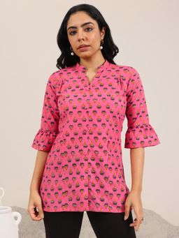 Libas - Pink Printed Cotton Straight Short Kurtis for Women