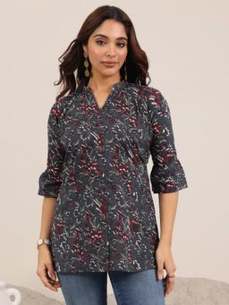 Libas - Grey Printed Cotton Straight Short Kurtis for Women