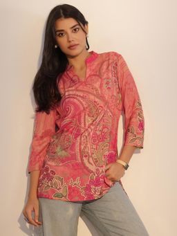 Libas - Tunic for Womens Peach Printed Silk Blend Tunic for Women