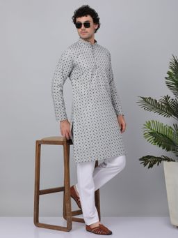 Kraft India - Men Grey Cotton Floral Printed Kurta with Pyjamas (Set of 2)