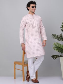 Kraft India - Men Pink Cotton Floral Printed Kurta with Pyjamas (Set of 2)