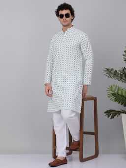 Kraft India - Men Sea Green Cotton Floral Printed Kurta with Pyjamas (Set of 2)