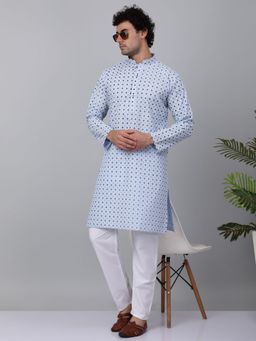 Kraft India - Men Sky Blue Cotton Floral Printed Kurta