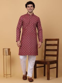 Kraft India - Men Maroon Cotton Ethnic Printed Kurta with Pyjamas (Set of 2)