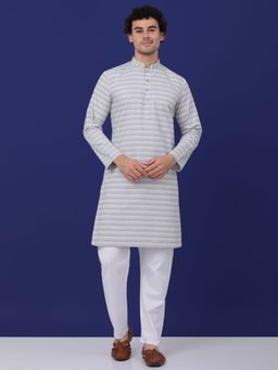 Kraft India - Men Grey Cotton Striped Kurta with Pyjamas (Set of 2)