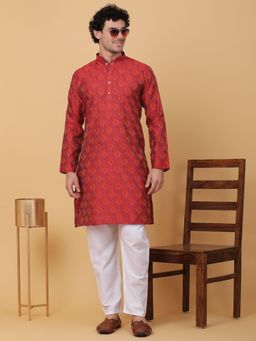 Kraft India - Men Maroon Silk Blend Jacquard Kurta