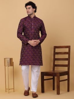 Kraft India - Men Purple Silk Blend Jacquard Kurta with Pyjamas (Set of 2)
