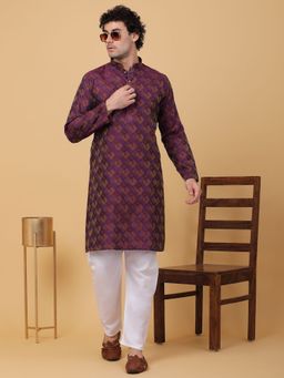 Kraft India - Men Purple Silk Blend Jacquard Kurta