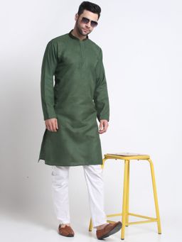 Kraft India - Men Olive Green Cotton Knee Length Kurta