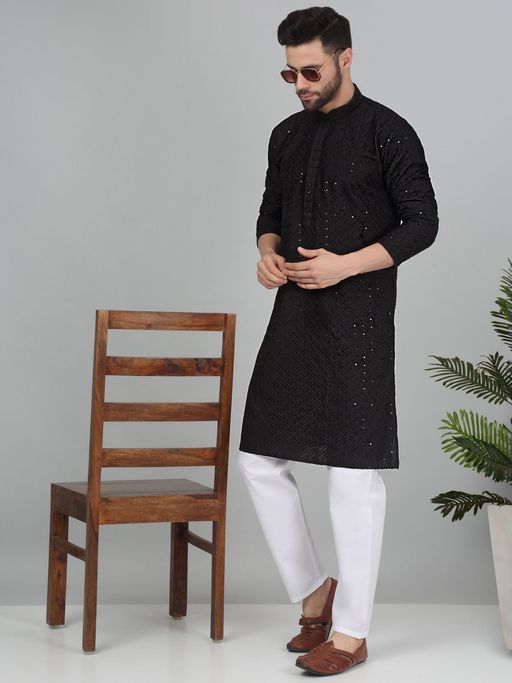 Kraft India Men Cotton Embroidered Sequined Black Kurta