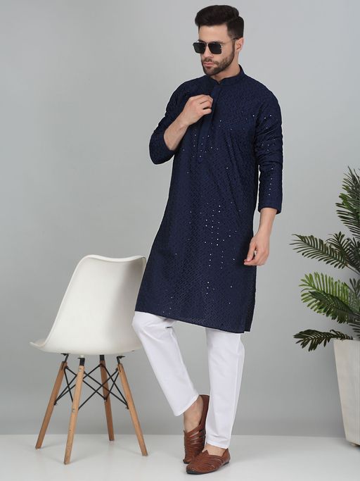 Kraft India Men Cotton Embroidered Sequined Navy Blue Kurta